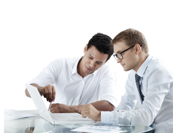 Two businessmen looking at a computer